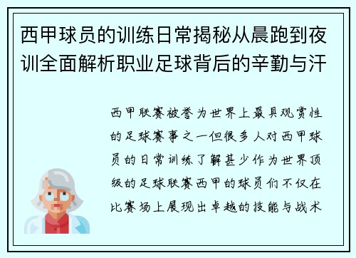 西甲球员的训练日常揭秘从晨跑到夜训全面解析职业足球背后的辛勤与汗水