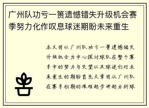 广州队功亏一篑遗憾错失升级机会赛季努力化作叹息球迷期盼未来重生