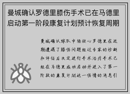 曼城确认罗德里膝伤手术已在马德里启动第一阶段康复计划预计恢复周期受关注 曼城确认罗德里膝伤手术已在马德里启动第一阶段康复计划预计恢复周期受关注
